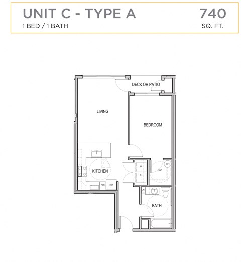 Floor plan for 1 bed, 1 bath, 740 sqft